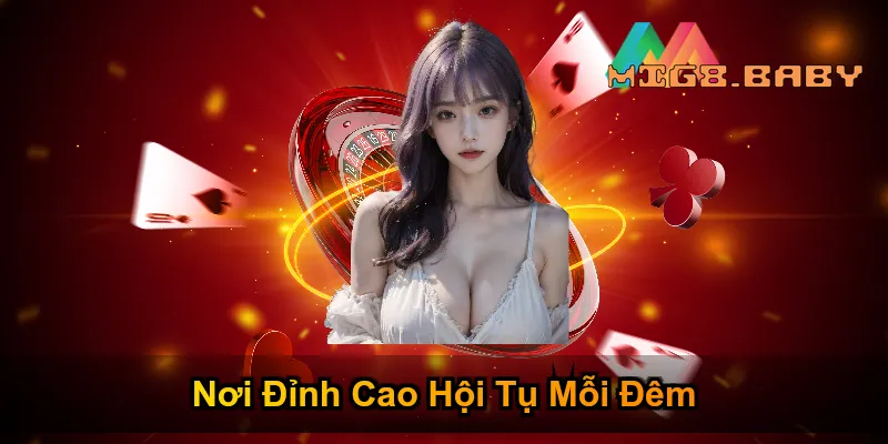 Giao diện sảnh casino MIG8 với ánh đèn neon rực rỡ và bàn chơi trực tuyến sống động - Casino MIG8
